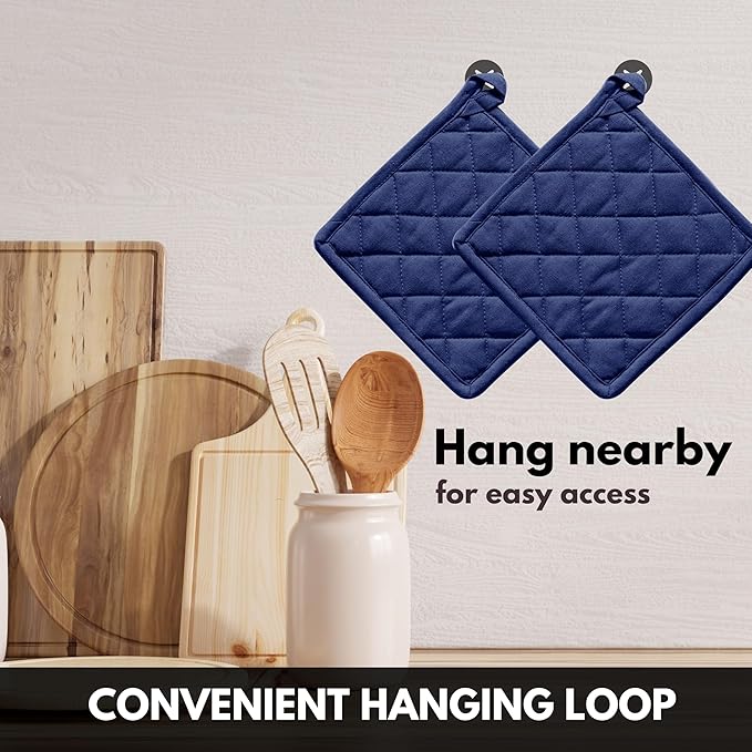 Oven Mitt (7"x13") & Pot Holder (8"x8") 100% Cotton Set of Heat Resistant Oven Gloves & Hot Pads for Gifts, BBQ, Cooking, Baking, Thanksgiving - Indigo Blue