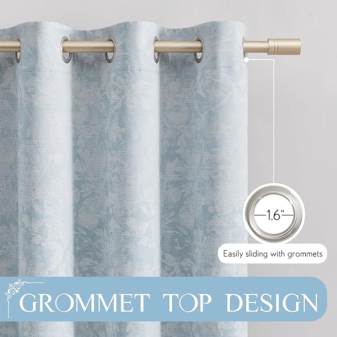 Beauoop Blue Floral Jacquard Blackout Curtains 96 Inches Long 2 Panels for Bedroom Living Room Chenille Flower Room Darkening Thermal Insulated Soundproof Grommet Window Treatments Drapes, 52x96