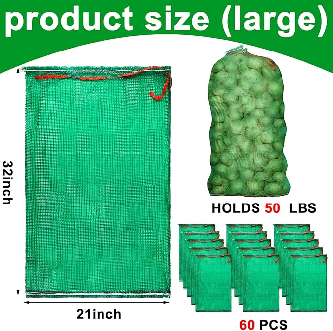 SATINIOR 60 Pcs Large Mesh Storage Produce Bags 21'' x 32'' Mesh Onion Bags 50 Lbs Reusable Vegetable Storage with Drawstring Potato Sacks for Onion Potato Citrus Fruit Produce Firewood