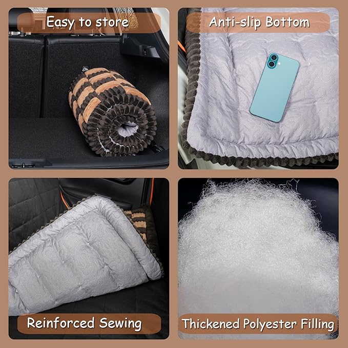 HAPYFOST Dog Bed for Car Back Seat, Non-Slip Backseat Dog Car Bed Mat, Soft Furry Travel Pet Mat, Washable Blanket Custom Fit for Backseat Extenders and Hammock Seat Covers(54"×25" Brown)