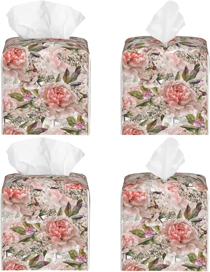 POIUBLE Leather Tissue Box Holder Watercolor Peony Flowers Tissue Box Cover Square Waterproof Tissue Holder Organizer Modern Napkin Holder for Bedroom Dresser Night Stand Office Desk