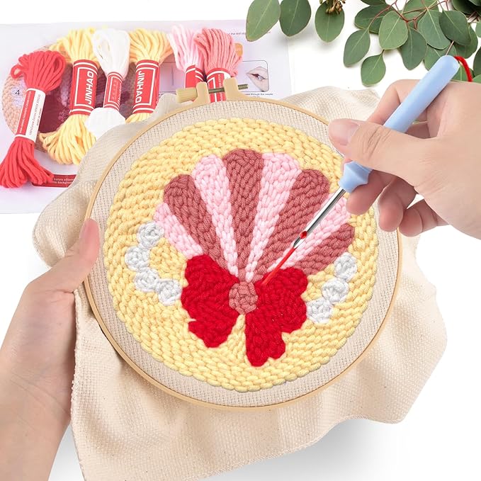ERKOON Punch Needle Kit Adults Beginners, DIY Easy Sea Animals Embroidery Set for Starter Art Craft, Needling Punch Project with Patterns, Tools, Yarns, Hoop, Instruction (Shell)