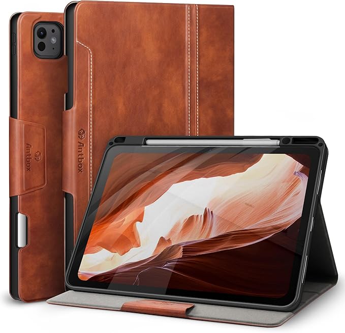 Antbox for iPad Pro 13 Inch Case M5 2025/M4 2024, Built-in Pencil Holder, Supports Pencil Pro/(USB-C), Auto Sleep/Wake, PU Leather (Brown)