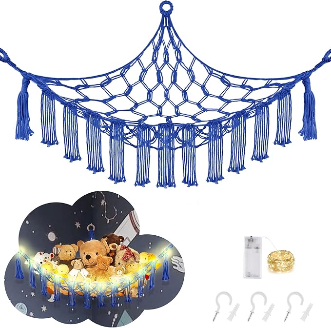 CERETIA Stuffed Animal Hammock with LED Light, Toy Hammock for Stuffed Animals Storage for Kids Room Decor, Stuffed Animal Hammock Corner, Royal Blue
