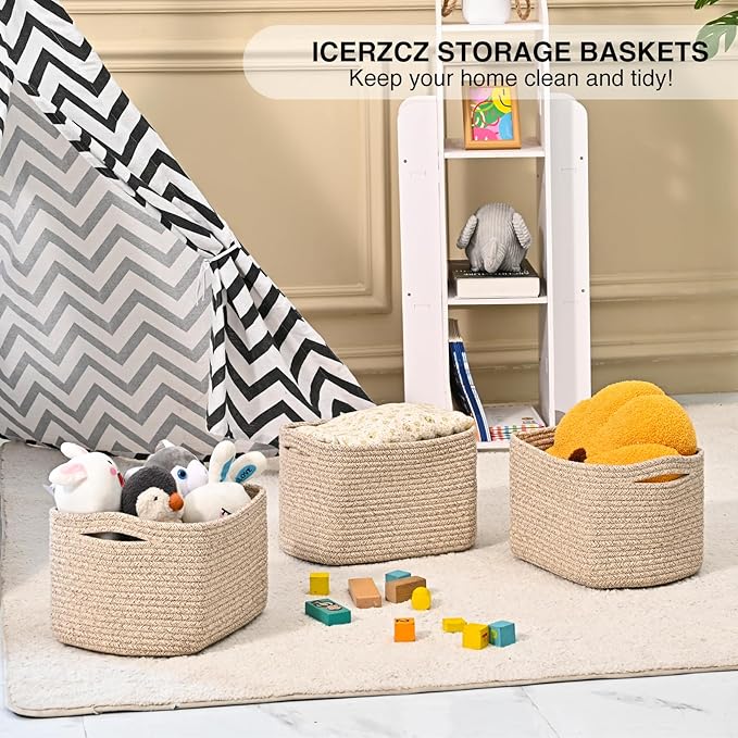 ICERZCZ Small Storage Baskets for Shelves Organizing, Woven Cotton Rope Baskets for Storage, Book Basket, Decorative Shelf Basket, 12.5"Lx9.1''Wx7.9''H (4 Packs) Brown