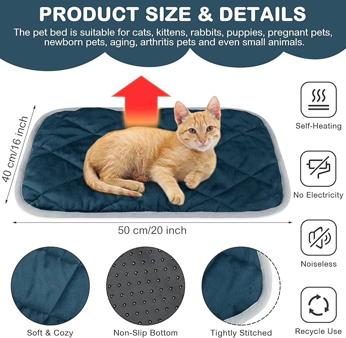 Clysee 2 Pack Self Heating Cat Mat Self Warming Pet Pads Washable Kennel Mat Dog Crate Pad Reflects Body Heat Non Skid Cat Thermal Pads for Puppy Indoor Outdoor(Blue,16 x 20 Inches)