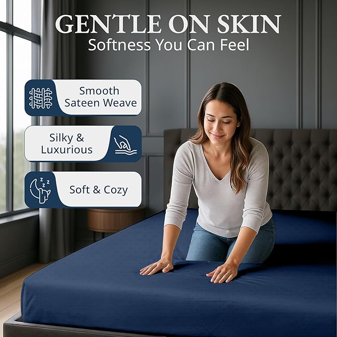 Lane Linen 100% Egyptian Cotton King Size Fitted Sheet Only (79"x81" + 16") - Elegant Sateen Weave, Ultra Soft, Breathable, Highly Durable, Deep Pockets Upto 17" - Swiss Dot Estate Blue