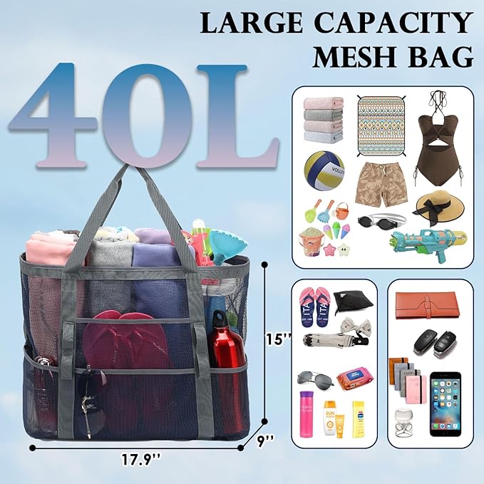 Fammart Mesh Beach Bag, Large Beach Tote with Zipper Pocket for Family Pool Bag for Toys & Vacation Essentials