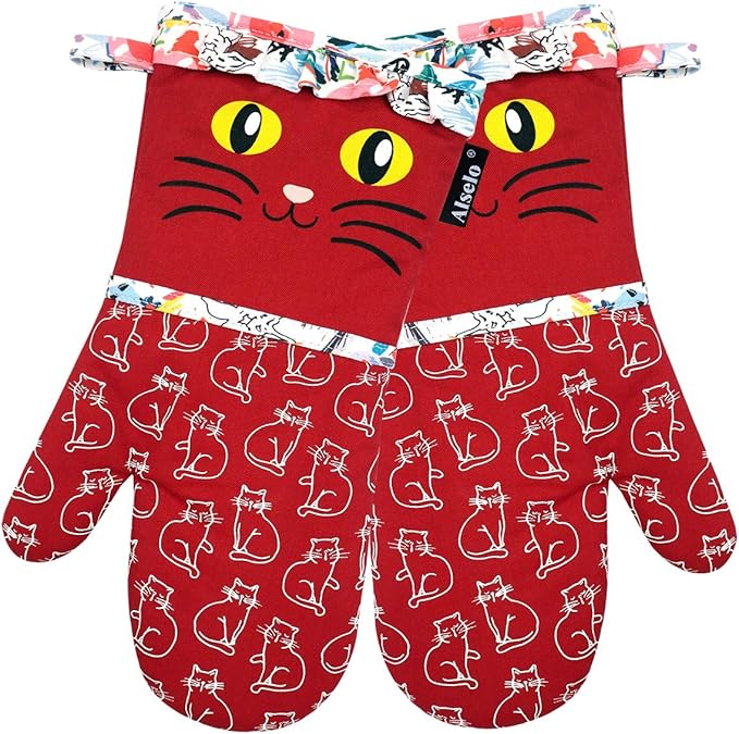 Oven Mitts, Heat Resistant with Soft Quilted Cotton Lining Set of 2, Fashion Animal Design with Silicone Printing Anti-Slip Kitchen Gloves for Safe Backing Cooking Barbecue (Red 2)