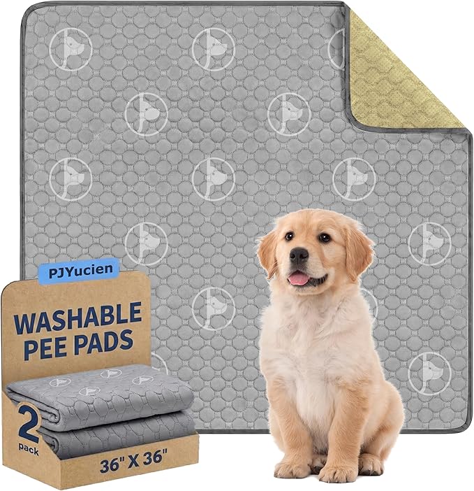 PJYucien Washable Pee Pads for Dogs 2 Pack, 36" x 36" Non-Slip and Leak-Proof Pee Mat, Puppy Training Pads for Whelping, Playpen, Crate, Bed (Grey)