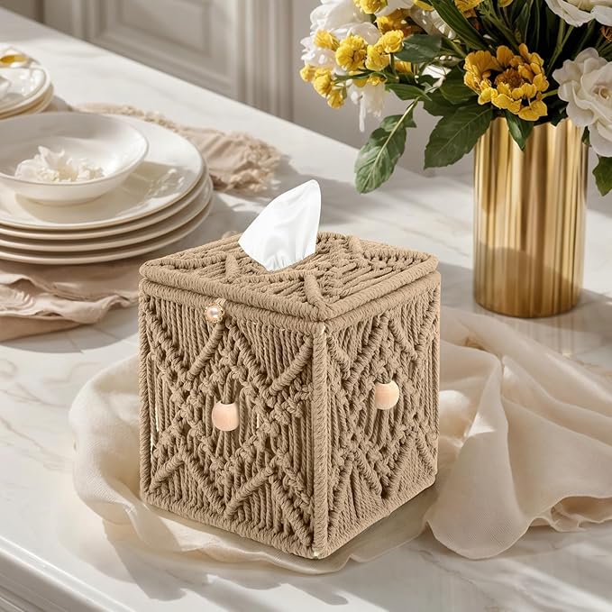 KaloKalo Handmade Tissue Box Cover Decorative Macrame Boho Square Tissue Holder Cotton Rope Woven Napkin Facial Paper Organizer Bohemian Desk Storage Container with Buckle Wood Beads (Khaki)