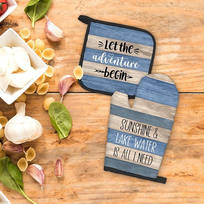 Lake Gifts Oven Mitts and Pot Holders Sets, Lake Lovers House Gifts Kitchen Accessories Sets Decor, Rustic Sunshine Lake Water is All I Need Heat Resistant Oven Glove Potholders for Kitchen