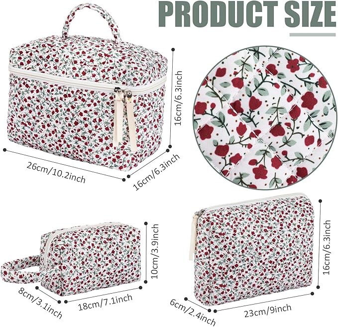 Paterr Makeup Bag Set 3 Pcs Large Quilted Cotton Make up Bags for Women Cosmetic Travel Toiletry Organizer Pouch Cute Aesthetic Storage Purse(Red,Red Floral)