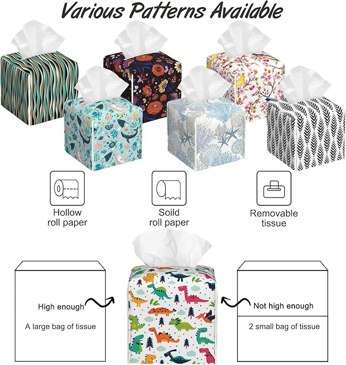 Funny Dinosaurs Tissue Box Cover Square,Cartoon Clouds Trees Tissue Box Holder with Belt Bottom,Stylish Leather Napkin Holder for Vanity Countertop,Nightstands,Office Desk,5.2"×5.2"×5.2"