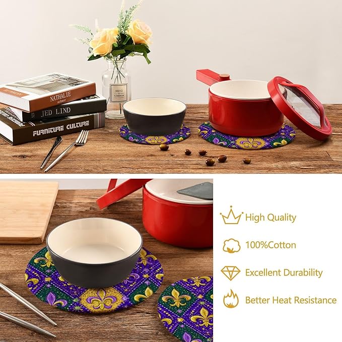 Boccsty Fleur De Lis Lilyes Trivet Mat 2PCS Mardi Gras Round Woven Potholders Kitchen Table Countertop Protector Hot Pads Farmhouse Coasters Counter Mats for Cooking Baking