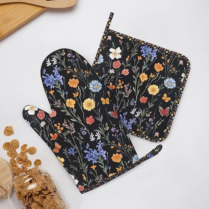 Oven Mitts Pot Holders Set Vintage Botanical Flower Wildflower Silicone Kitchen Gloves Potholders Heat Resistant for Chef Baking Cooking Grilling BBQ 4 Pack Mitt