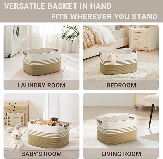 SunNewt 45L Small Laundry Basket with Leather Handles for Living Room Storage, Woven Rope Baskets Bin for Blanket, Kids Toy, Gifts, Wicker Hamper for Bedroom Dirty Clothes, 18"x14"x11" Khaki