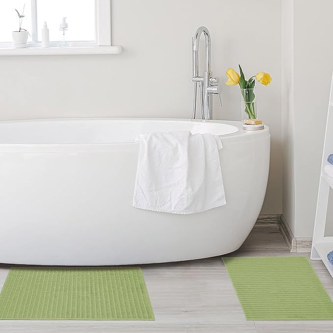 Superior Striped Bath Mat 2-Pack, 100% Combed Cotton, Luxury Spa Ribbed Texture, Durable and Washable Bathroom Mats - Terrace Green, 22" x 35" each