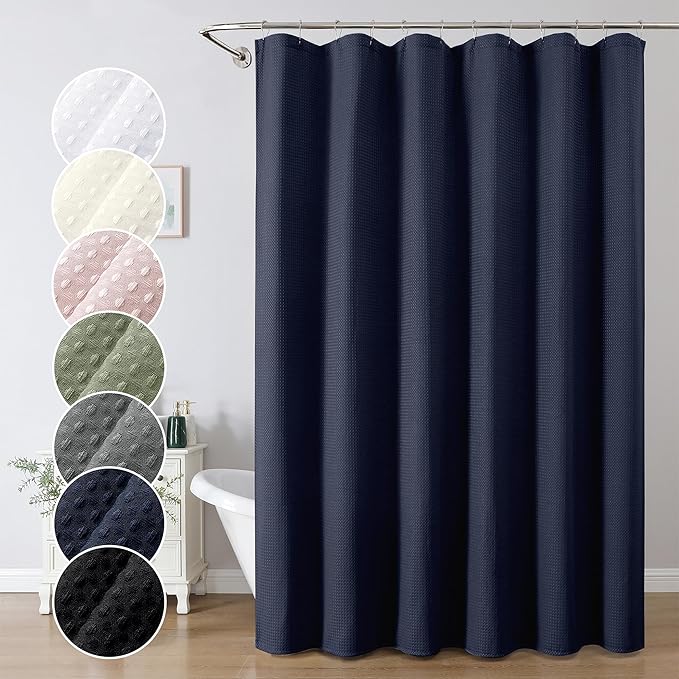 OWENIE Navy Blue Shower Curtain 84 Inches Extra Long, Waffle Weave Heavy Fabric Shower Curtain for Bathroom, Waterproof Soft Hotel Spa Luxury Elegant Bath Curtains, Machine Washable, 72x84 Inch