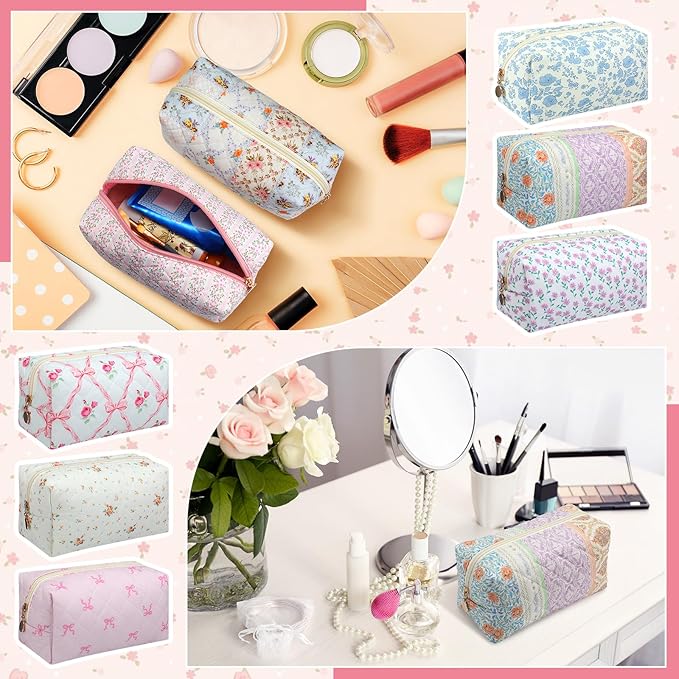 Qinyoung 12 Packs Quilted Makeup Bag Flower Theme Toiletry Cosmetic Bag Aesthetic Makeup Pouch Floral Emergency Kit Pouch for Traveling