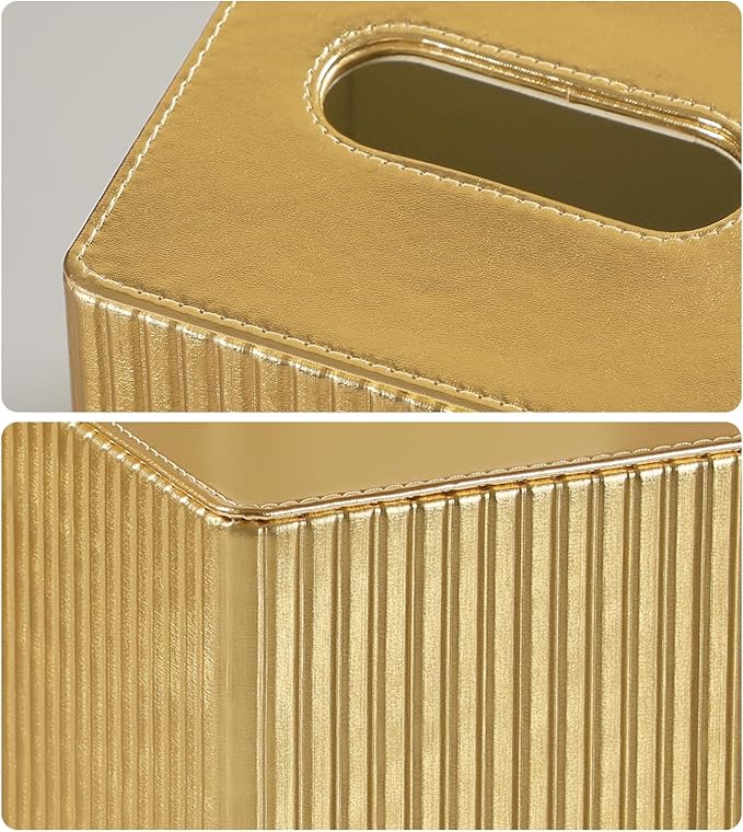 MEIBOOCH PU Leather Tissue Box Cover Square, Rectangle Tissue Box Holder with Magnetic Closure, Decorative Tissue Holder for Bathroom Bedroom Office (Gold, Square)