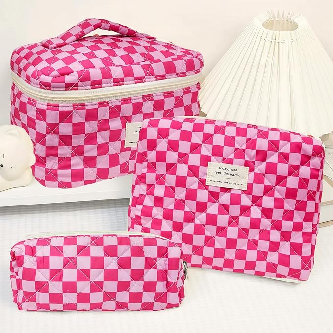 Cozomga Quilted Makeup Bag, Large Capacity Travel Cosmetic Bag for Women and Girls, Aesthetic Storage for Daily and Travel Use (3pcs-PinkChecker)
