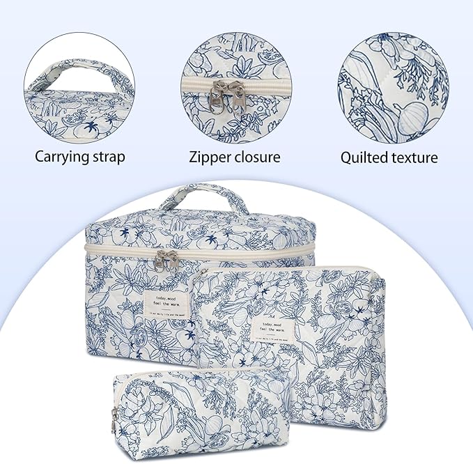 SXS LACONIC Quilted Makeup Bag,Large Cosmetics Bag Set,Coquette Floral Make up Pouch,Travel Toiletry Bag for Women