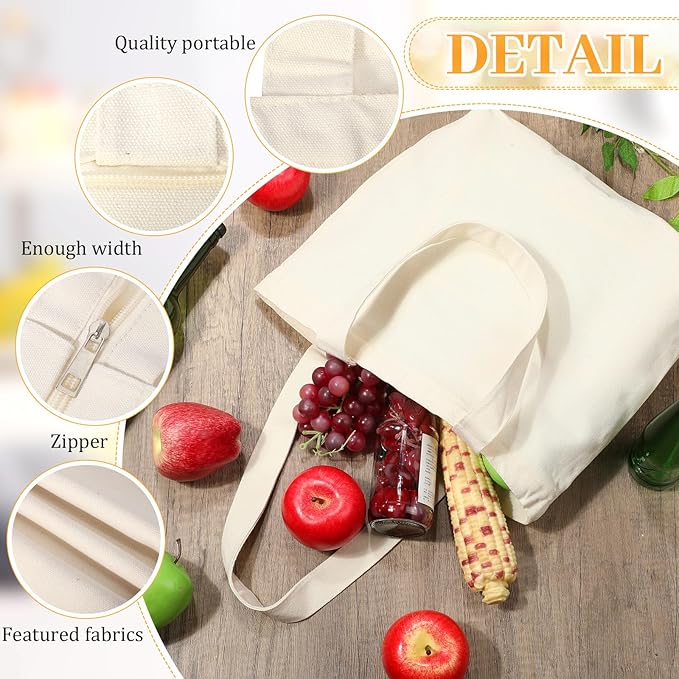 Silkfly 30 Pcs Canvas Tote Bags Bulk 16.5x13.4'' Blank Cotton Canvas Bag with Zipper Handles Reusable Plain Grocery Makeup Handbag for DIY(Beige)