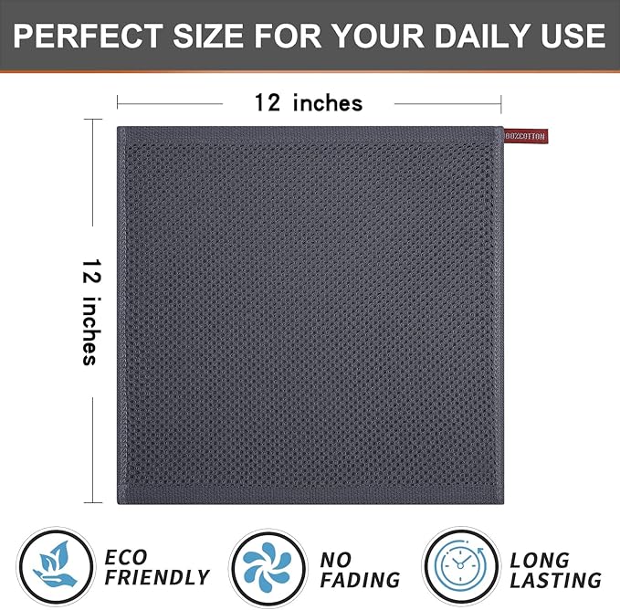 Kitinjoy 100% Cotton Kitchen Dish Cloths, 12 Pack Waffle Weave Ultra Soft Absorbent Dish Towels for Drying Dishes Quick Drying Kitchen Towels Dish Rags, 12 X 12Inch, Dark Grey