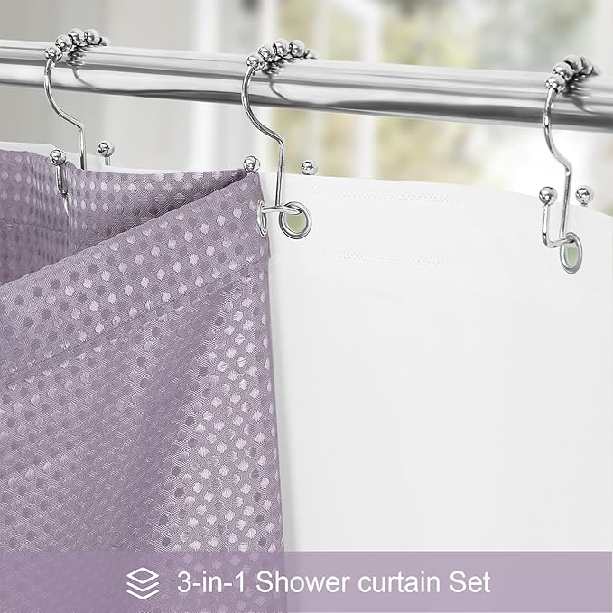 Craidlela 3 in 1 Long Purple Shower Curtain Set-72 W x 78 H, Lavender Waffle and PEVA Liner Set with 12 Stainless Steel Hooks, Waterproof Fabric for Bathroom