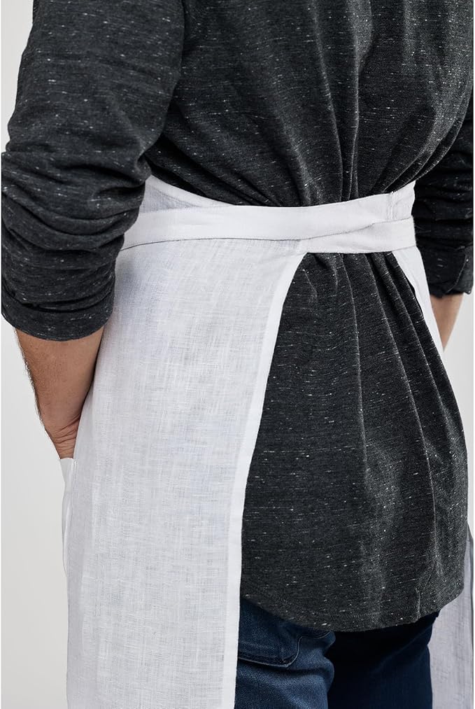 Solino Home 100% Pure Linen Apron for Women & Men - Full Midi Bib Apron Adjustable Neck Strap with Center Pockets for Kitchen
