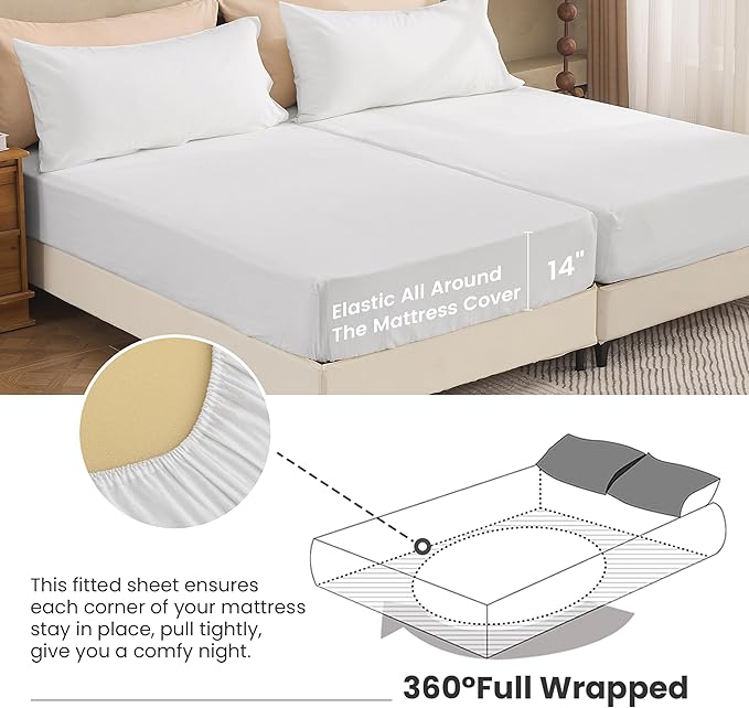 Simple&Opulence Belgian Linen Sheet Set Solid Color - 5 Pieces (1 Flat Sheet, 2 Fitted Sheets & 2 Pillowcases) Natural Flax Cotton Blend Soft Breathable Farmhouse Bedding - Split King Size, White