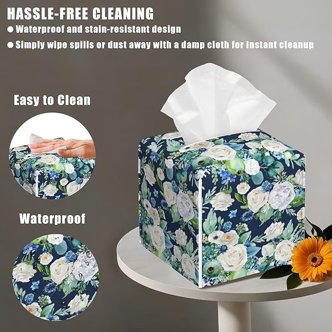 BLYKVGHQ Botanical Leaves Square Tissue Box Cover Watercolor Flowers Tissue Box Holder Facial Cube Paper Dispenser Leather Decorative Organizer Home Office Desk Decor, 5.2"x5.2"x5.2"