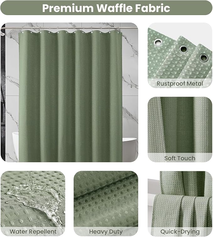 Inhousolu Fabric Shower Curtain Waffle Weave, Sage Green 230 GSM Heavy Duty, Weighted Hem, 12 Metal Hooks, Water Repellent, Machine Washable, Hotel Spa Luxury Bath Curtain Set, 60 x 72 Inch