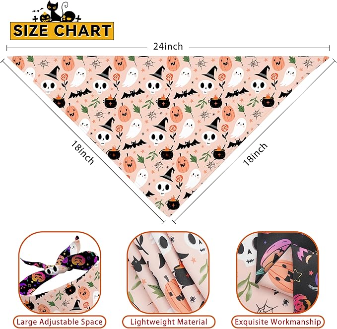 Halloween Dog Bandanas Reversible 2 Pack Small, Cute Pink Pumpkin Ghost Bat Skull Halloween Pet Bandanas Set Adjustable Triangle Holiday Scarves for Small Medium Boy Girl Dogs