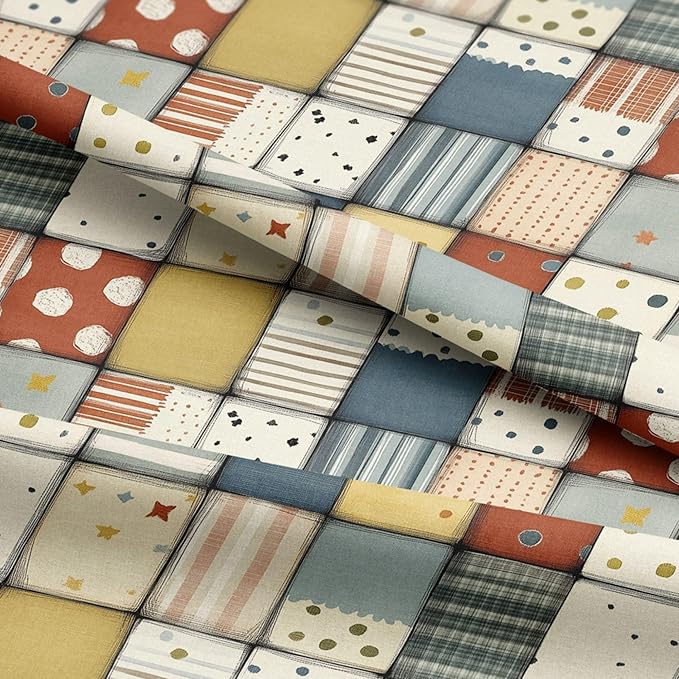Soft Neutral Patchwork Cotton Fabric Panel 61 x 36.6 Inches, Minimal Geometric Quilt Pattern, Beige Blue Mustard Tones, 100% Cotton 140 GSM