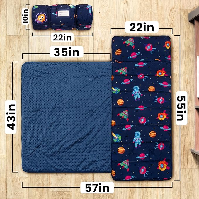 Beavtaens Toddler Nap Mat with Pillow and Minky Blanket, Large 55"x35" Sleeping Bag, Washable, Lightweight, Easy to Roll, Perfect for Preschool, Daycare, Kindergarten, Travel, Boys and Girls(Space)