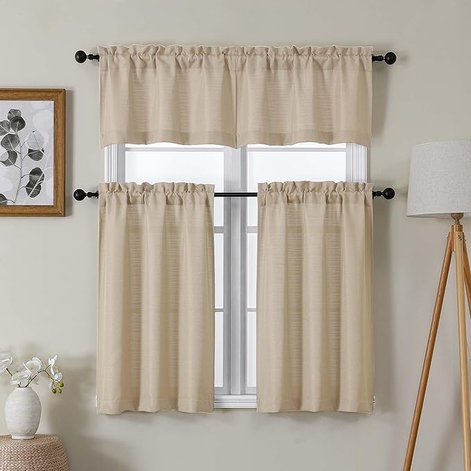 Lecloud Bessie Kitchen Curtains 24 Inch Length 2 Panels, Faux Linen Textured Curtains for Small Windows, Burlap Window Short Curtain Tiers with Dual Rod Pocket, Each 30 W x 24 L, Linen