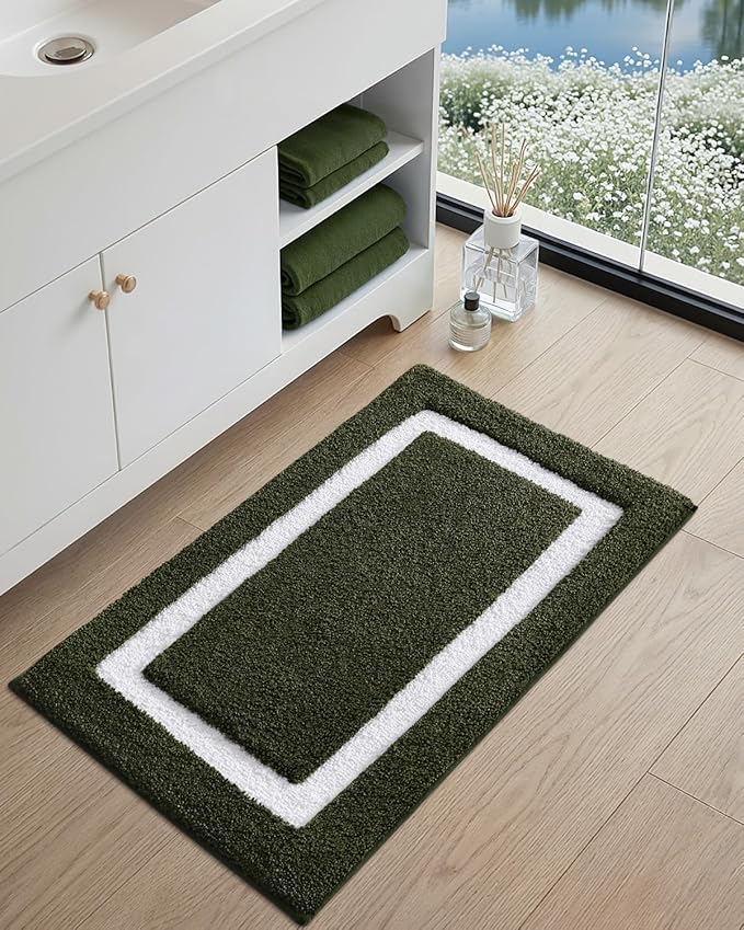 Color&Geometry Bathroom Rugs, Water Absorbent and Quick Dry Microfiber Bath Rugs-20"x32", Non-Slip, Machine Washable, Extra Soft Plush Bath Mats for Bathroom, Laundry Room, Green White