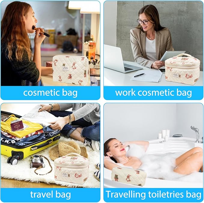 Cozomga Quilted Makeup Bag, Large Capacity Travel Cosmetic Bag for Women and Girls, Aesthetic Storage for Daily and Travel Use (3pcs-Littlebear)