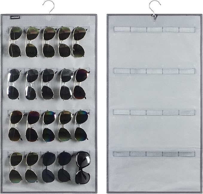 ANZORG Dual Sided Hanging Sunglasses Organizer Wall Mounted Glasses Rack Storage Eyeglasses Holder Eyewear Display Case with 40 Slots (40 Slots-Grey)