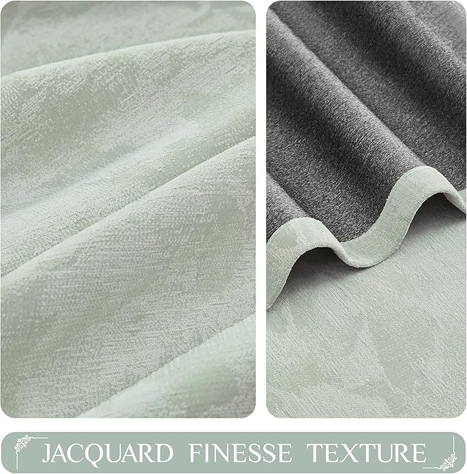 Beauoop Green Floral Jacquard Blackout Curtains 72 Inches Long 2 Panels for Bedroom Living Room Sage Flower Chenille Room Darkening Thermal Insulated Soundproof Grommet Window Treatments Drapes, 52x72