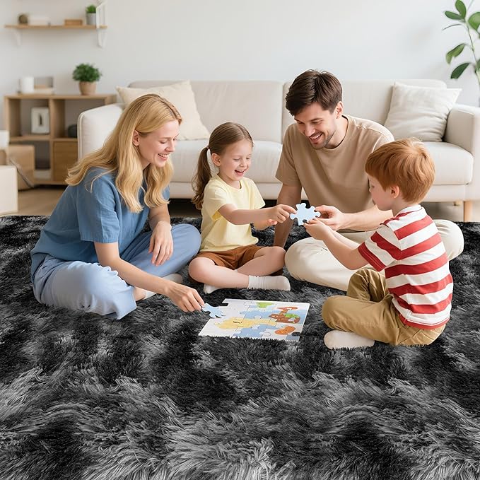 4x6 Dark Grey and Black Fluffy Rug for Bedroom Living Room Soft Fuzzy Large Shag Carpet Furry Plush Big Area Rug Indoor Kids Play Mat for Girls Boys Room Dorm Nursery Home, Tie Dye