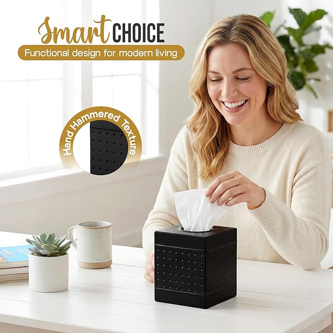 Handmade Metal Tissue Box Cover - 5x5x5.25 Inch - Square Matte Black Tissue Holder – Modern Tissue Cover Box Adds Sleek Style to Bathroom, Bedroom & Office Décor