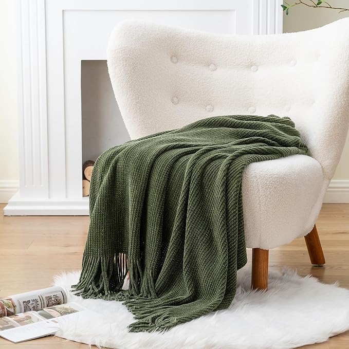 BATTILO HOME Olive Green Throw Blanket for Couch, Soft Chenille Knit Throws with Tassels for Home Decor, Green Blankets and Throws for Bed Couch Cover, 60"x80"