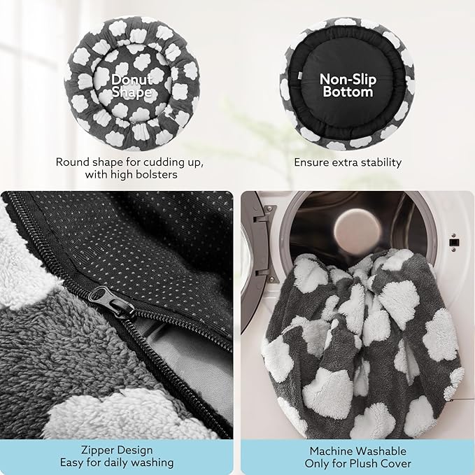 JOEJOY Donut Large Dog Bed, Cute Round Calming Dog Bed with Removable Washable Cover, Orthopedic Pet Beds with Jacquard Shaggy Plush & Non Skid Bottom, Black