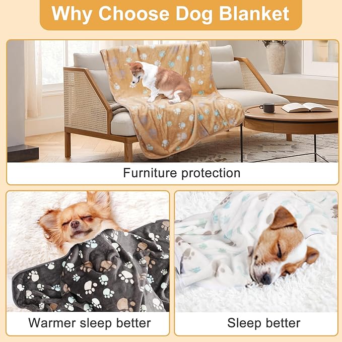 Gowyeg Dog Blanket for Large Dogs 3 Pack Dog Cat Flannel Blankets Washable Soft Pet Throw Cover for Kennel Crate Bed Cute Paw Pattern Pet Blanket Grey/White/Brown 41" x 31"