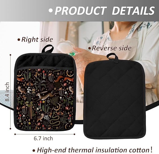 Mushroom Pot Holders with Pockets, Fairytale Wild Animal Forest Botanical Mushroom Pot Holders Heat Resistant Oven Mitts Hot Pads for Kitchen Baking Cooking,Cooking Potholder