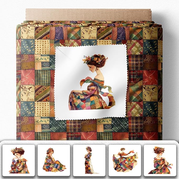 Elegant Lady Patchwork Cotton Fabric Panel – 6 Designs (10×10 inch Each) + Bonus Patchwork Sheet 29.5×19.6 inch, 100% Cotton 140 GSM