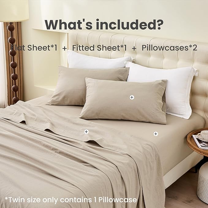 Simple&Opulence Belgian Linen Sheet Set Solid Color - 4 Pieces (1 Flat Sheet & 1 Fitted Sheet & 2 Pillowcases) Natural Flax Cotton Blend Soft Bedding Breathable Farmhouse - Khaki, King Size